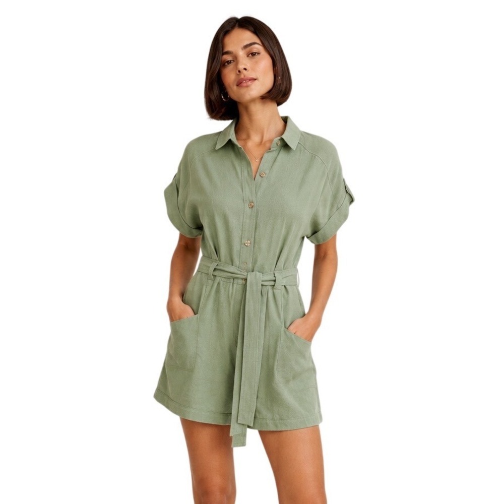 Zara Women's Sage Green Utility Romper Size Small Belted Safari Coastal Chic